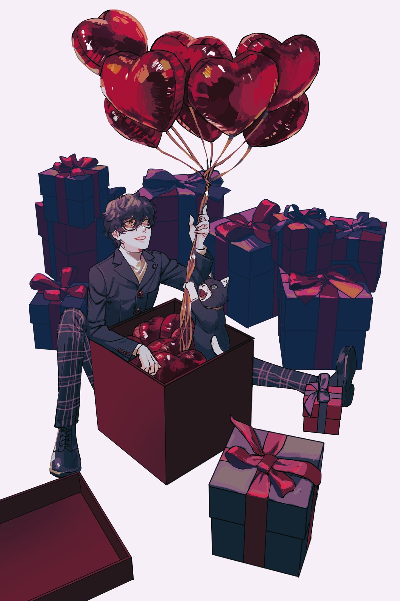 2boys amamiya_ren balloon black_cat black_footwear black_hair black_jacket black_pants box buttons cat commentary gift glasses green_eyes heart_balloon highres in_box in_container jacket long_sleeves looking_up male_focus messy_hair morgana_(persona_5) multiple_boys open_mouth pants persona persona_5 plaid plaid_pants sageo_yn shirt shuujin_academy_uniform simple_background smile white_background white_shirt yellow_eyes