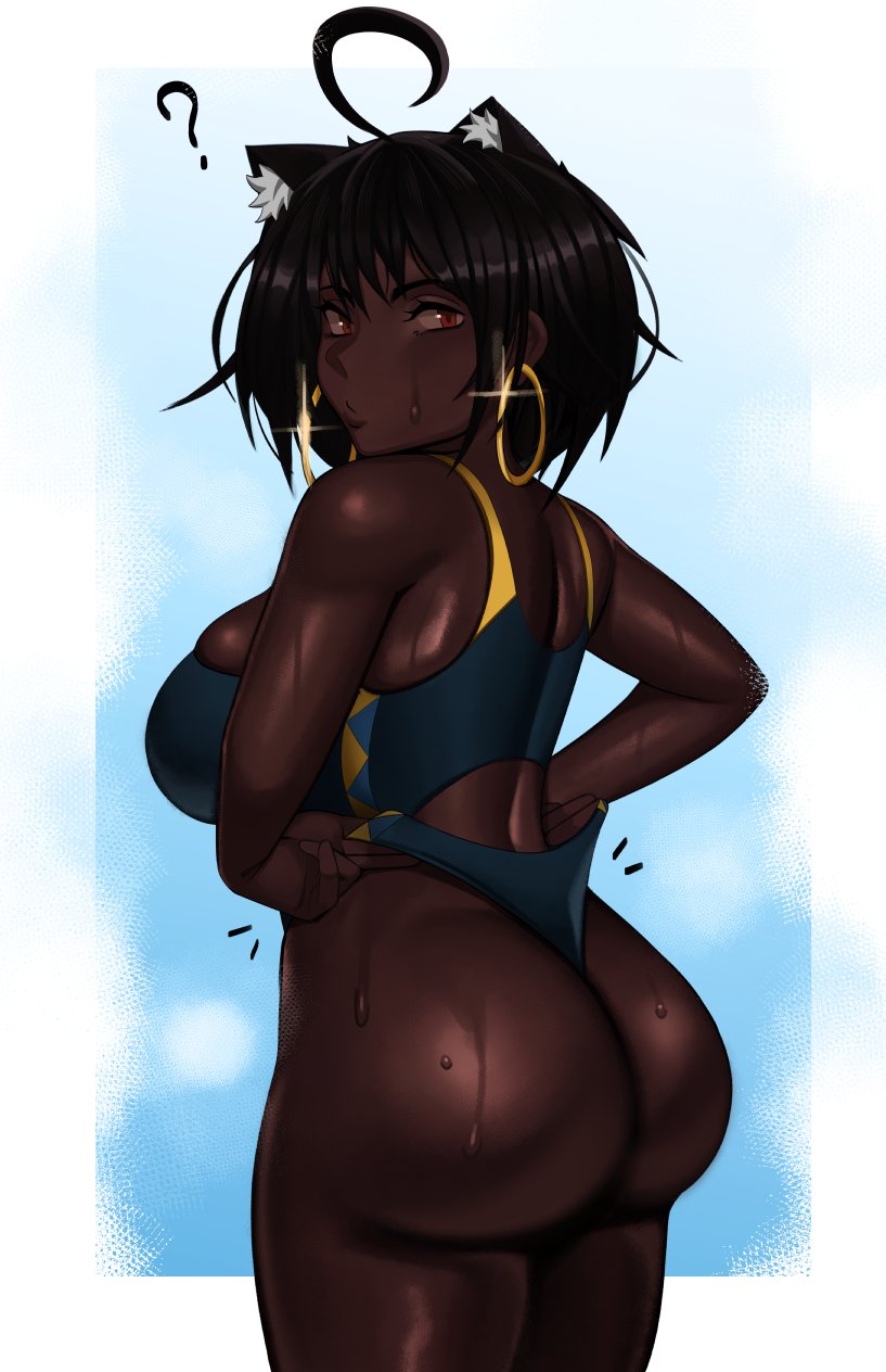 1girl ahoge ahoge_cat_girl_(kevbot) animal_ears ass backboob bare_arms black_hair black_swimsuit blush breasts cat_ears competition_swimsuit dark-skinned_female dark_skin extra_ears from_behind highres kevbot large_breasts looking_at_viewer looking_back one-piece_swimsuit original red_eyes shiny shiny_hair shiny_skin short_hair sitting solo swimsuit tight very_dark_skin wet