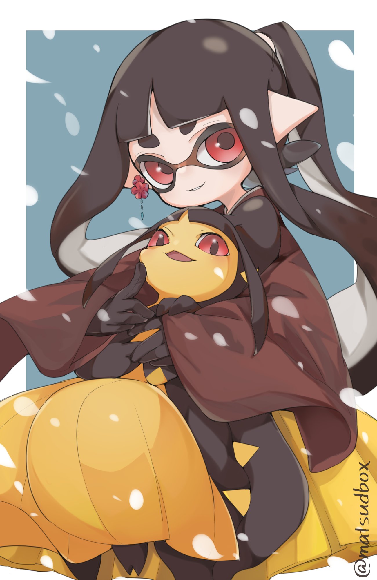 1girl bangs black_hair blunt_bangs closed_mouth eyebrows highres inkling long_hair looking_at_viewer matsushita_(matsudbox) mawile pointy_ears pokemon pokemon_(creature) red_eyes smile snow snowing splatoon_(series) tentacle_hair twitter_username