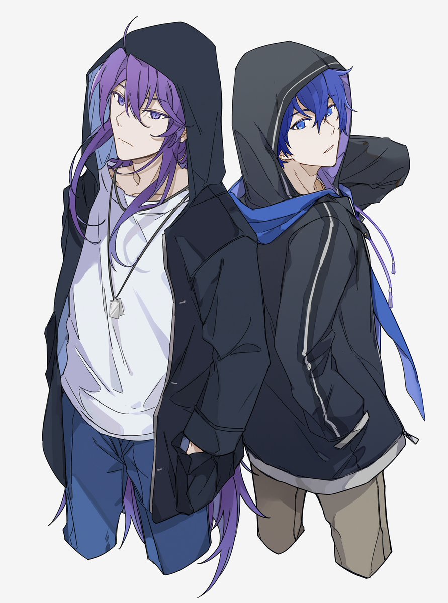 2boys back-to-back black_jacket blue_eyes blue_hair blue_scarf brown_pants closed_mouth commentary cowboy_shot cropped_legs denim dog_tags from_above hand_up hands_in_pockets highres hood hooded_jacket jacket jeans jewelry kaito_(vocaloid) kamui_gakupo long_hair looking_at_viewer looking_back male_focus multiple_boys necklace pants parted_lips purple_hair scarf shirt simple_background very_long_hair violet_eyes vocaloid white_background white_shirt yinnnn