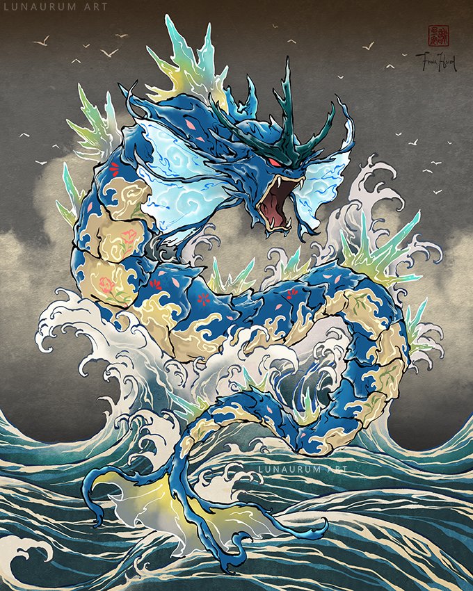 artist_name bird commentary fangs gyarados lunaurum no_humans ocean open_mouth pokemon pokemon_(creature) red_eyes solo splashing tongue water watermark