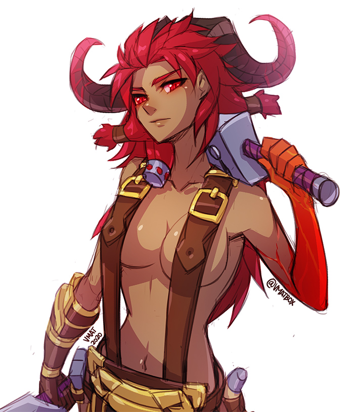 1girl 2020 artist_name bare_shoulders belt closed_mouth collarbone cowboy_shot dark-skinned_female dark_skin english_commentary gauntlets genderswap genderswap_(mtf) goat_horns gold_trim hammer horns league_of_legends long_hair looking_at_viewer navel no_bra ornn red_eyes redhead shaded_face short_twintails simple_background single_gauntlet solo topless twintails v-shaped_eyebrows vmat white_background