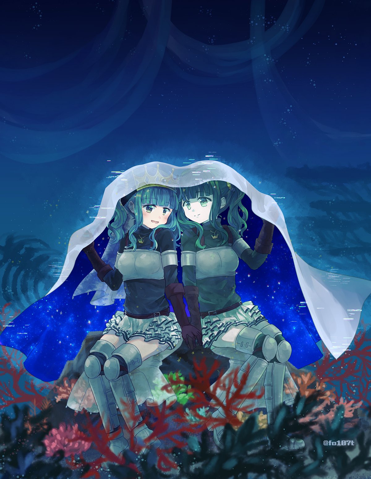 2girls ai-chan_(magia_record) armor coral_reef dual_persona futaba_sana green_hair highres lifting_covers magia_record:_mahou_shoujo_madoka_magica_gaiden magical_girl mahou_shoujo_madoka_magica multiple_girls sitting smile sweater totte underwater