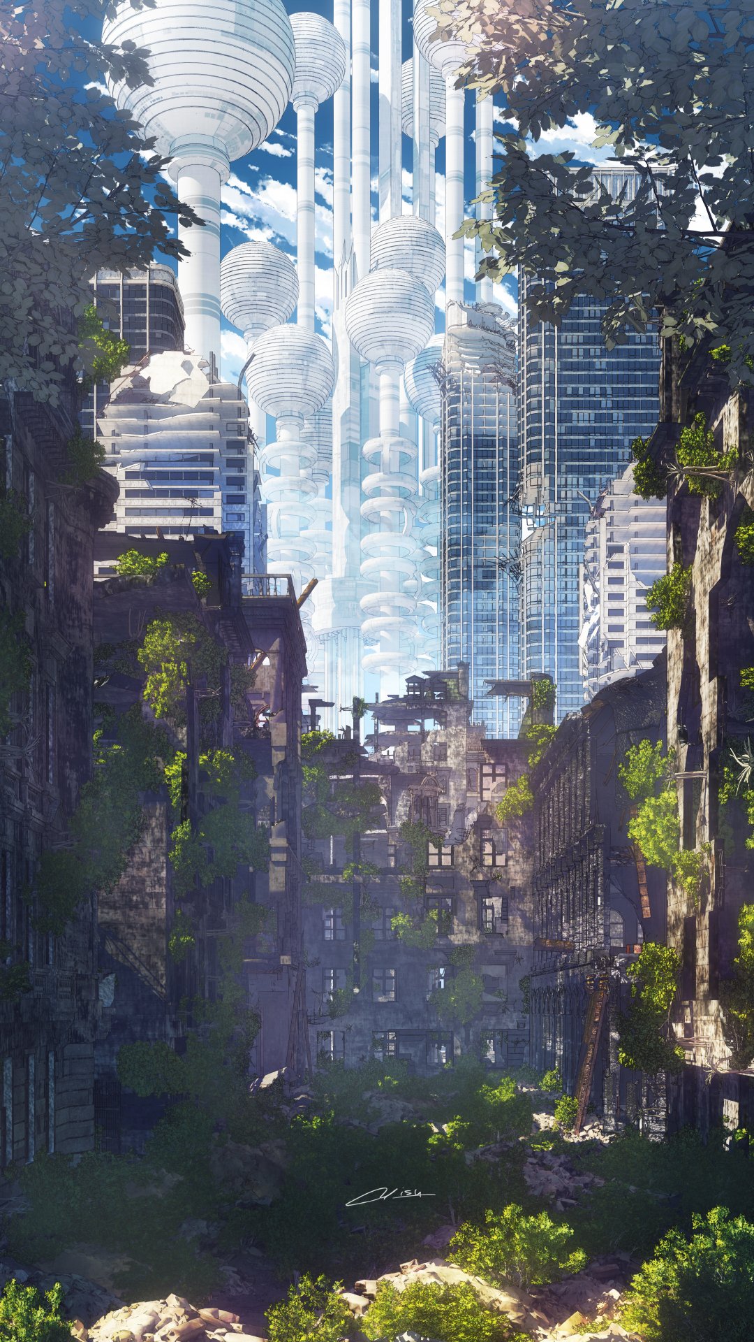 artist_name blue_sky building bush city cityscape clouds commentary_request day highres light_rays no_humans original outdoors rubble ruins scenery signature sky skyscraper sunlight tree waisshu_(sougyokyuu) window