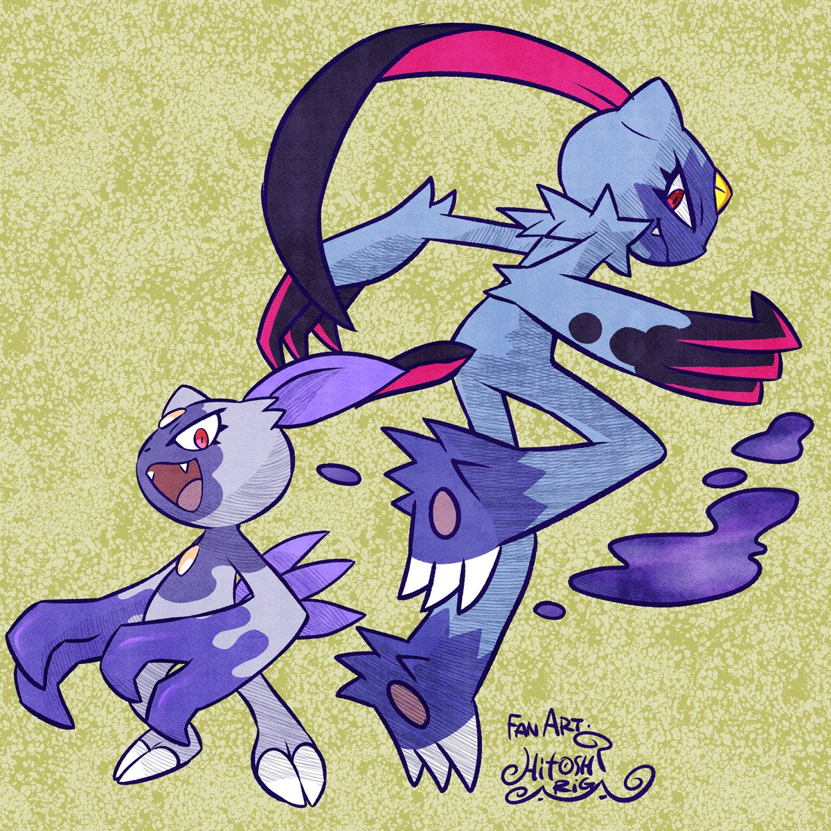 2others ariga_hitoshi artist_name claws closed_mouth commentary_request english_text fangs full_body height_difference highres hisuian_sneasel multiple_others no_humans open_mouth poison pokemon pokemon_(creature) pokemon_(game) pokemon_legends:_arceus purple_fur red_eyes signature simple_background sneasler tail_feathers