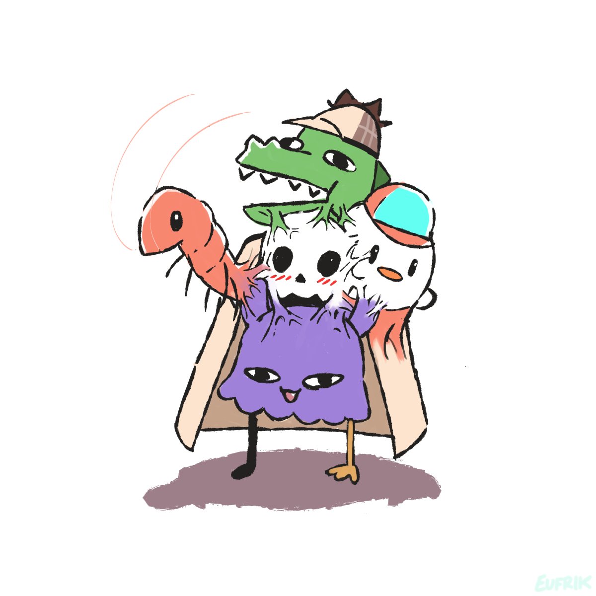 alligator baseball_cap bird blush chicken cloak crocodilian deerstalker eufrik fusion hat highres hololive hololive_english no_humans open_mouth sharp_teeth shrimp simple_background skull smile tako_(ninomae_ina'nis) teeth veins white_background