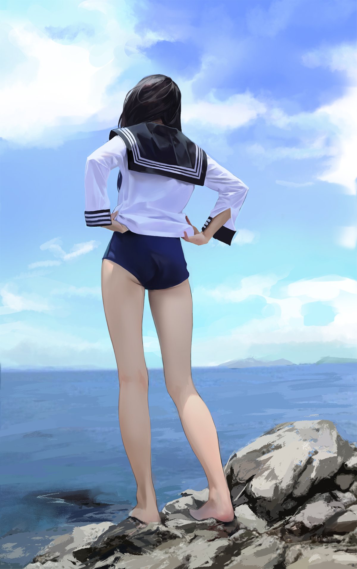1girl ass bare_legs barefoot black_hair blue_sky blue_swimsuit clouds cloudy_sky day from_behind full_body highres hiki_niito long_hair long_legs long_sleeves ocean one-piece_swimsuit original outdoors sailor_collar sailor_shirt shirt sky solo standing swimsuit thighs white_shirt