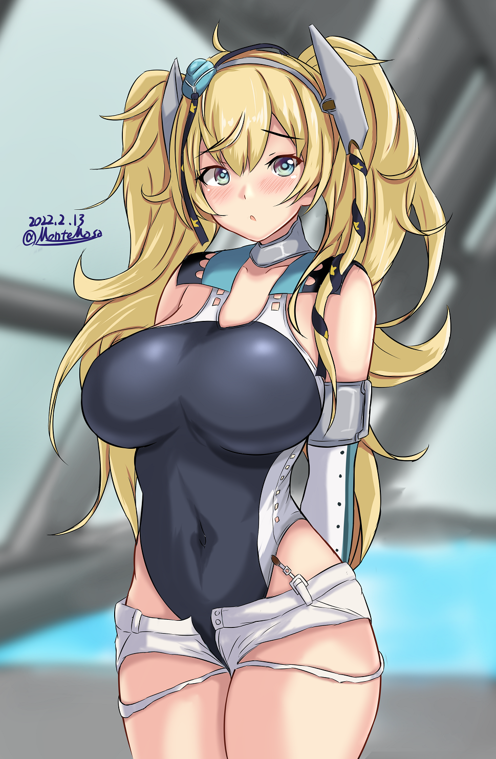 1girl :o alternate_costume aqua_headwear aqua_neckerchief arm_behind_back black_ribbon black_swimsuit blonde_hair blue_eyes breasts competition_swimsuit cosplay cowboy_shot dated eyebrows_visible_through_hair gambier_bay_(kancolle) garrison_cap gloves hair_between_eyes hair_ribbon hairband hat highleg highleg_swimsuit highres kantai_collection large_breasts long_hair montemasa multicolored_clothes multicolored_swimsuit neckerchief one-piece_swimsuit rei_no_pool ribbon scamp_(kancolle) scamp_(kancolle)_(cosplay) short_shorts shorts swimsuit twintails twitter_username two-tone_swimsuit white_gloves white_shorts