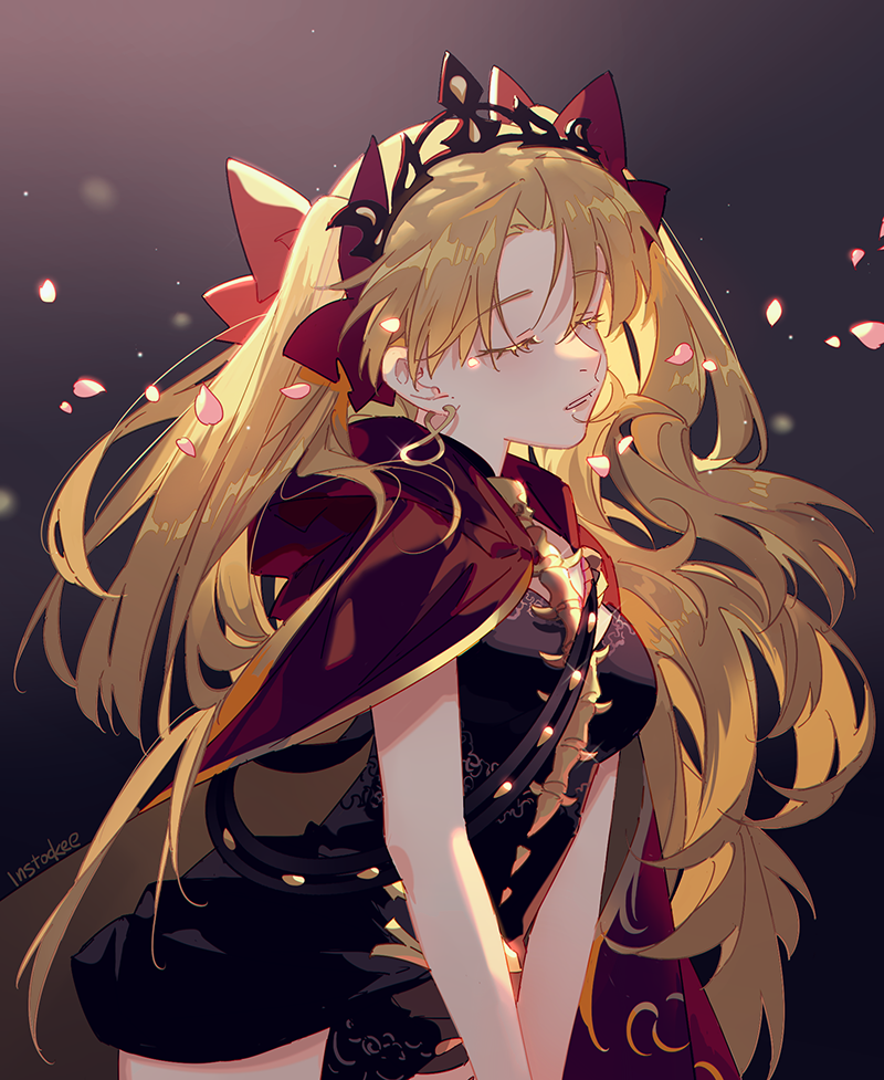 1girl bangs black_background blonde_hair bow cape chinese_commentary closed_eyes earrings ereshkigal_(fate) eyebrows_visible_through_hair eyelashes fate/grand_order fate_(series) feet_out_of_frame flower gradient gradient_background hair_bow hair_ribbon instocklee jewelry long_hair parted_bangs petals red_eyes ribbon solo tiara tohsaka_rin two_side_up very_long_hair