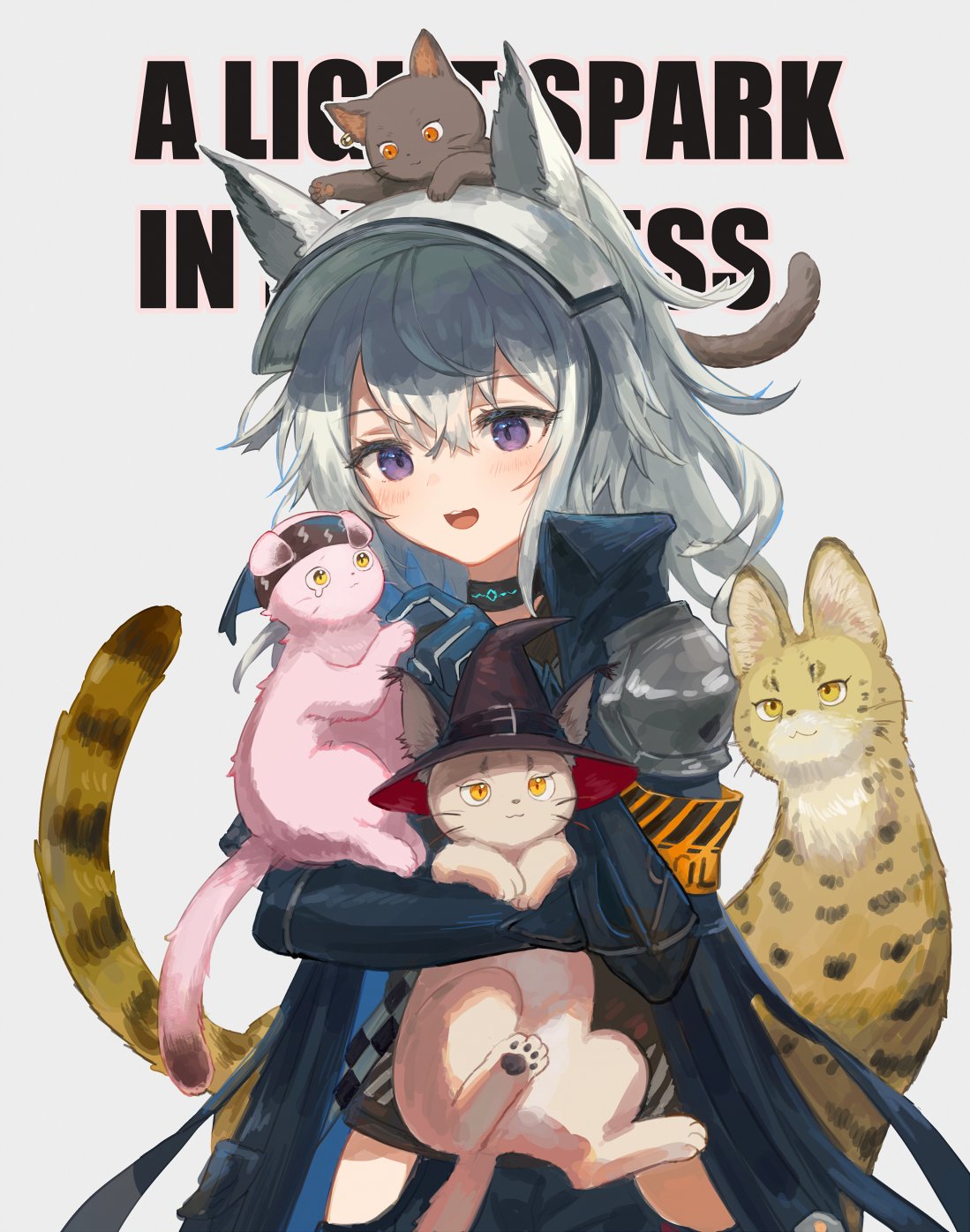 1girl :d animal animal_ears animal_hands animal_on_head animalization arknights armband armor background_text bangs black_headwear black_shirt blue_coat blue_gloves blush brown_cat cat coat collar commentary_request cowboy_shot ears_through_headwear elbow_gloves eyebrows_visible_through_hair gloves goldenglow_(arknights) grani_(arknights) haze_(arknights) highres hip_vent holding holding_animal holding_cat horse_ears infection_monitor_(arknights) lightning_bolt_print long_hair mixed-language_commentary on_head open_clothes open_coat open_mouth pink_cat quercus_(arknights) scottish_fold serval shirt shoulder_armor silver_hair simple_background skyfire_(arknights) smile spacelongcat tears violet_eyes visor_cap whiskers white_background witch
