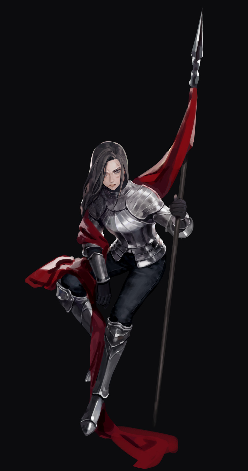 1girl armor armored_boots black_background black_gloves black_hair black_pants blood blood_on_face boots breastplate commentary dirty dirty_face english_commentary flag flagpole full_body gloves hand_up highres holding holding_polearm holding_weapon injury invisible_chair long_hair looking_at_viewer original pants plate_armor polearm scar scar_on_face simple_background sitting solo spear sssttt vambraces weapon