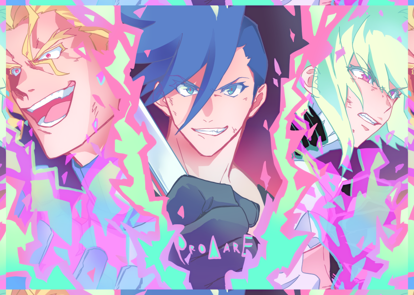 3boys black_gloves blonde_hair blue_eyes blue_hair colored_eyelashes fire galo_thymos gloves green_fire green_hair kray_foresight lio_fotia male_focus multiple_boys nanase_(7sepdr) promare purple_fire pyrokinesis red_eyes sidecut violet_eyes