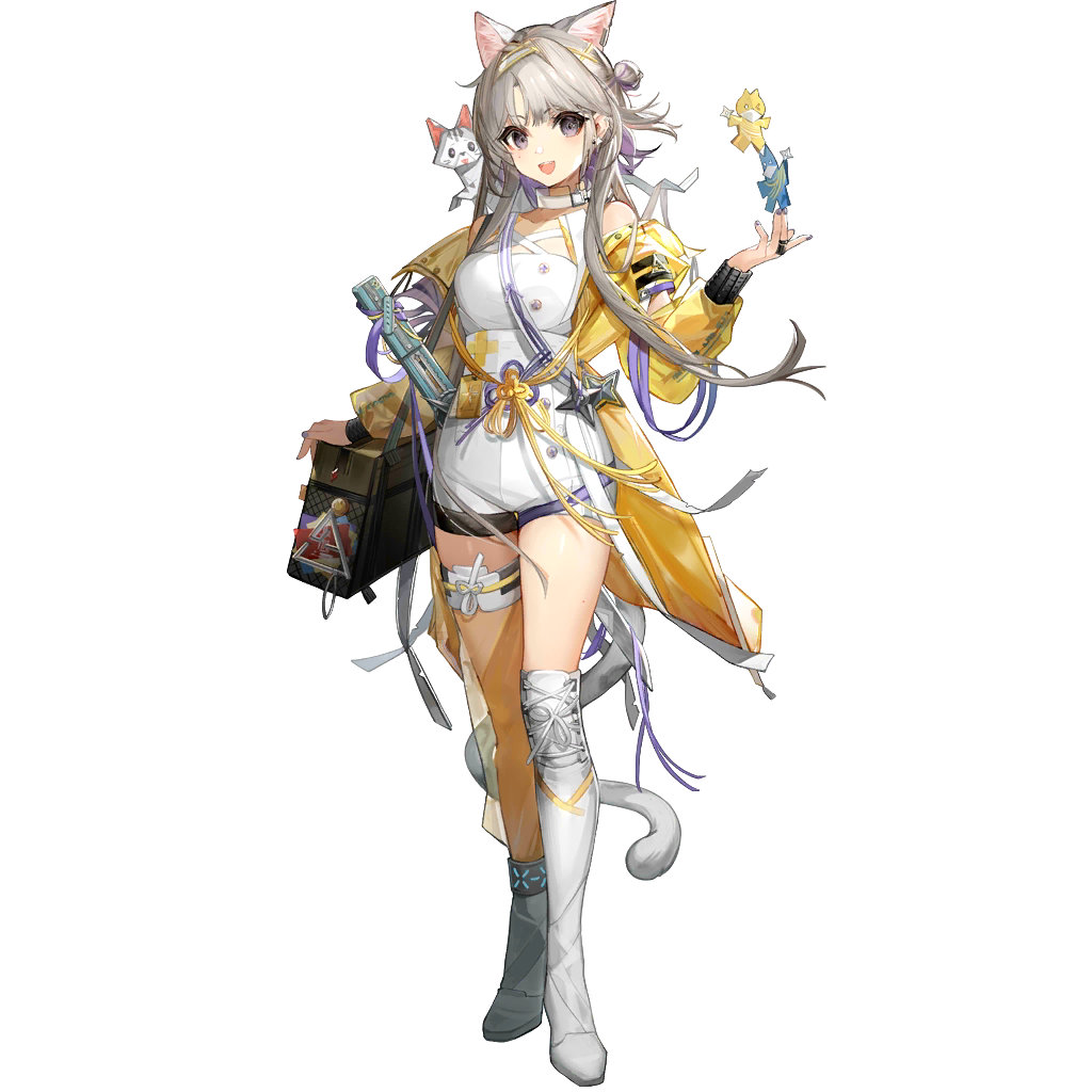 1girl :d animal_ear_fluff animal_ears anklet arknights asymmetrical_footwear bag bangs black_nails blush boots cat_ears coat earrings eyebrows_visible_through_hair haijin hair_bun high-waist_shorts infection_monitor_(arknights) jewelry kate_(arknights) long_hair long_sleeves looking_at_viewer nail_polish official_alternate_costume official_art open_clothes open_coat open_mouth orange_legwear origami ribbon ring see-through shorts shoulder_bag shuriken side_bun silver_hair simple_background single_thigh_boot single_thighhigh smile solo thigh-highs thigh_boots thigh_strap third-party_source very_long_hair violet_eyes weapon white_background white_footwear white_shorts yellow_coat yellow_ribbon