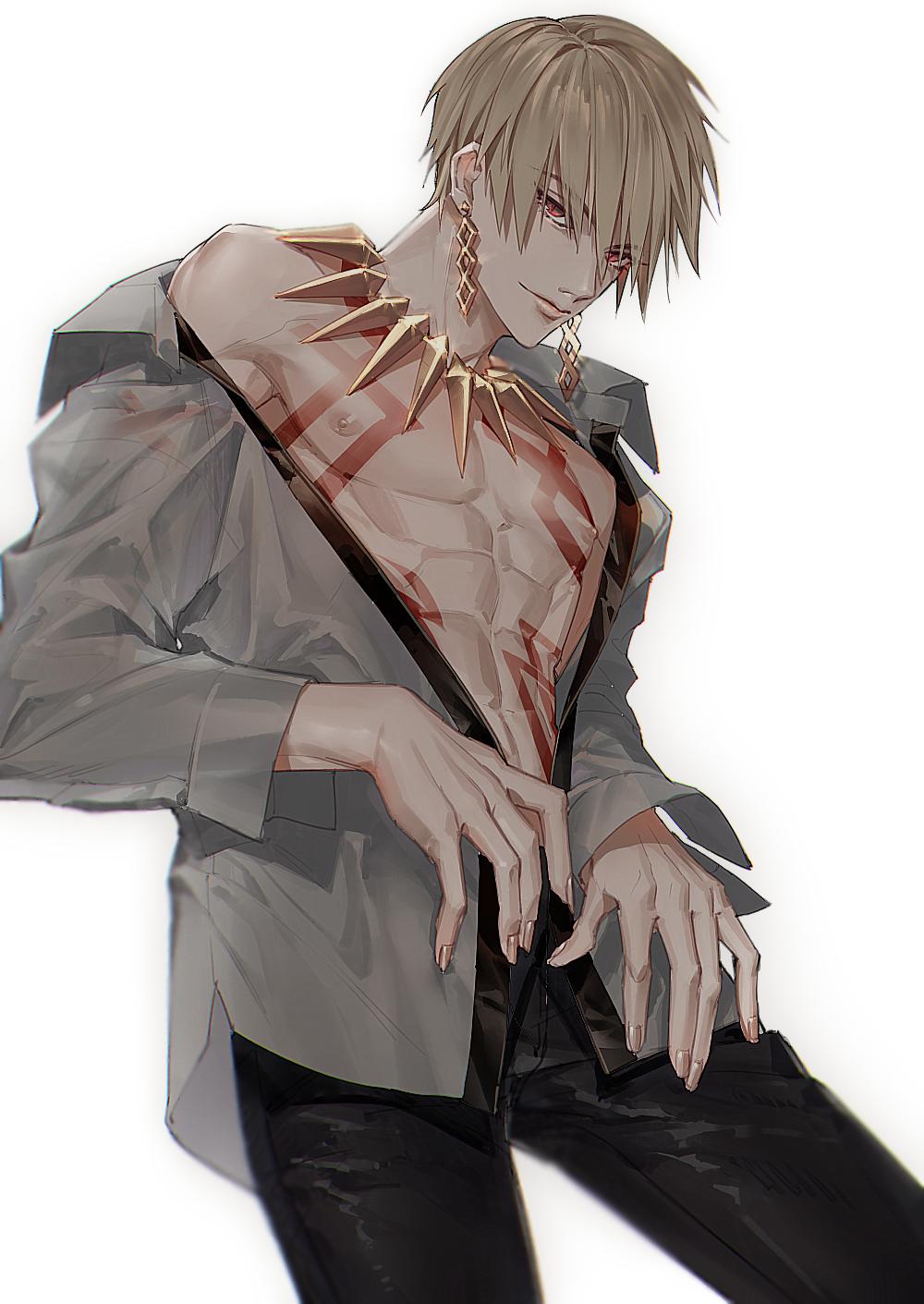 1boy bare_shoulders blonde_hair breast_tattoo earrings fate/extella fate/extella_link fate/extra fate/extra_ccc fate/grand_order fate/stay_night fate/zero fate_(series) feet_out_of_frame gilgamesh_(fate) highres jewelry kiki_(re_6xxx) looking_at_viewer male_focus muscular muscular_male necklace nipples red_eyes shirt short_hair smile tattoo toned type-moon undressing