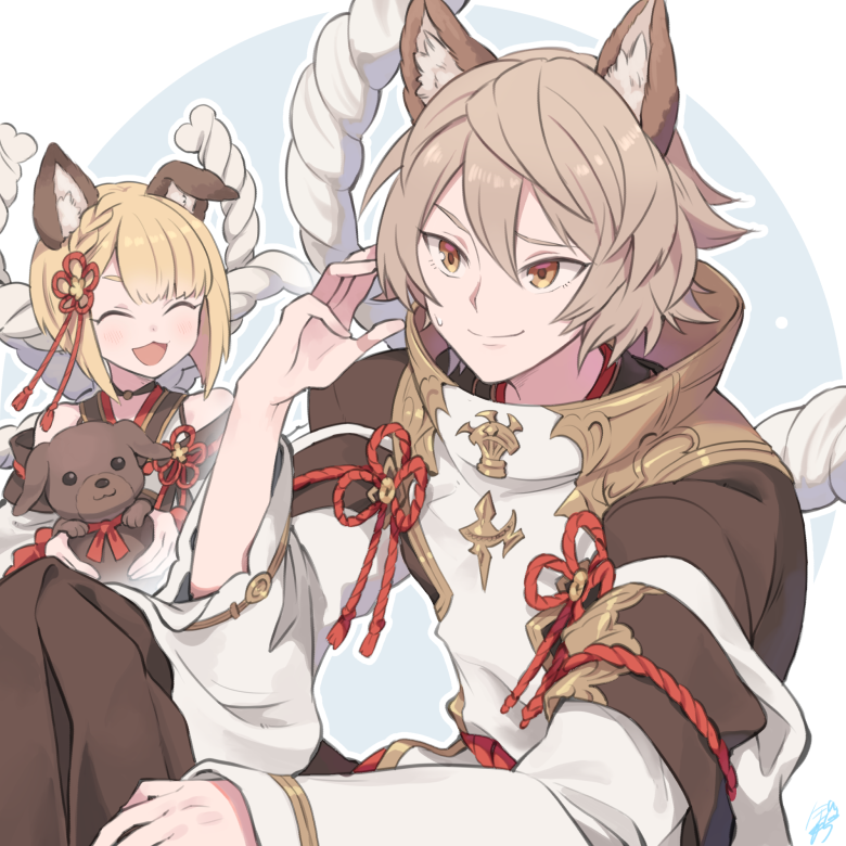 1boy 1girl animal animal_ears bangs basara_(granblue_fantasy) blonde_hair botamochi_(exwelder) braid brown_hair closed_eyes dog dog_boy dog_ears dog_girl granblue_fantasy hair_ornament high_collar holding holding_animal holding_dog open_mouth puppy robe short_hair signature smile sweatdrop vajra_(granblue_fantasy) yellow_eyes