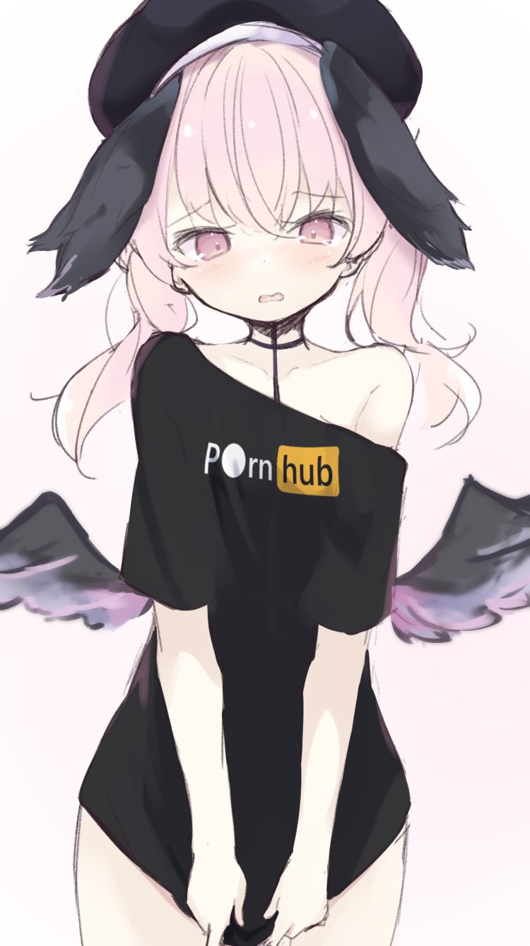 1girl black_shirt blue_archive clothes_writing collarbone hair_between_eyes hat highres koharu_(blue_archive) kyuukon_(qkonsan) long_hair open_mouth pink_hair pornhub shirt shirt_tug simple_background solo t-shirt twintails violet_eyes winged_hat wings