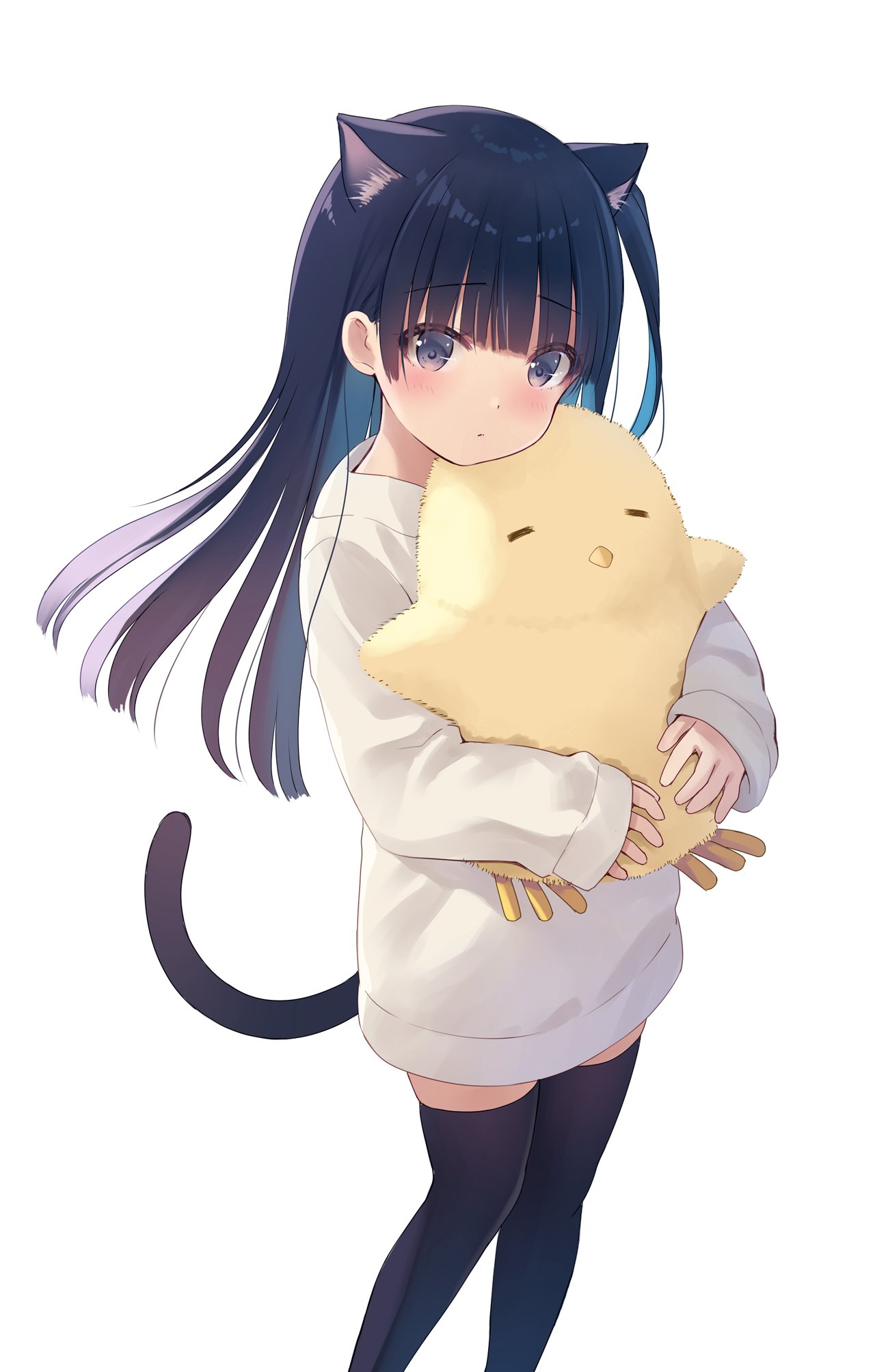 1girl animal_ear_fluff animal_ears bangs black_legwear blunt_bangs blush cat_ears cat_girl cat_tail closed_mouth commentary cowboy_shot extra_ears eyebrows_visible_through_hair frown gradient_hair highres holding holding_stuffed_toy long_hair long_sleeves looking_at_viewer multicolored_hair na-ga original purple_hair shirt simple_background sleeves_past_wrists solo standing stuffed_chicken stuffed_toy tail tail_raised thigh-highs violet_eyes white_background white_shirt