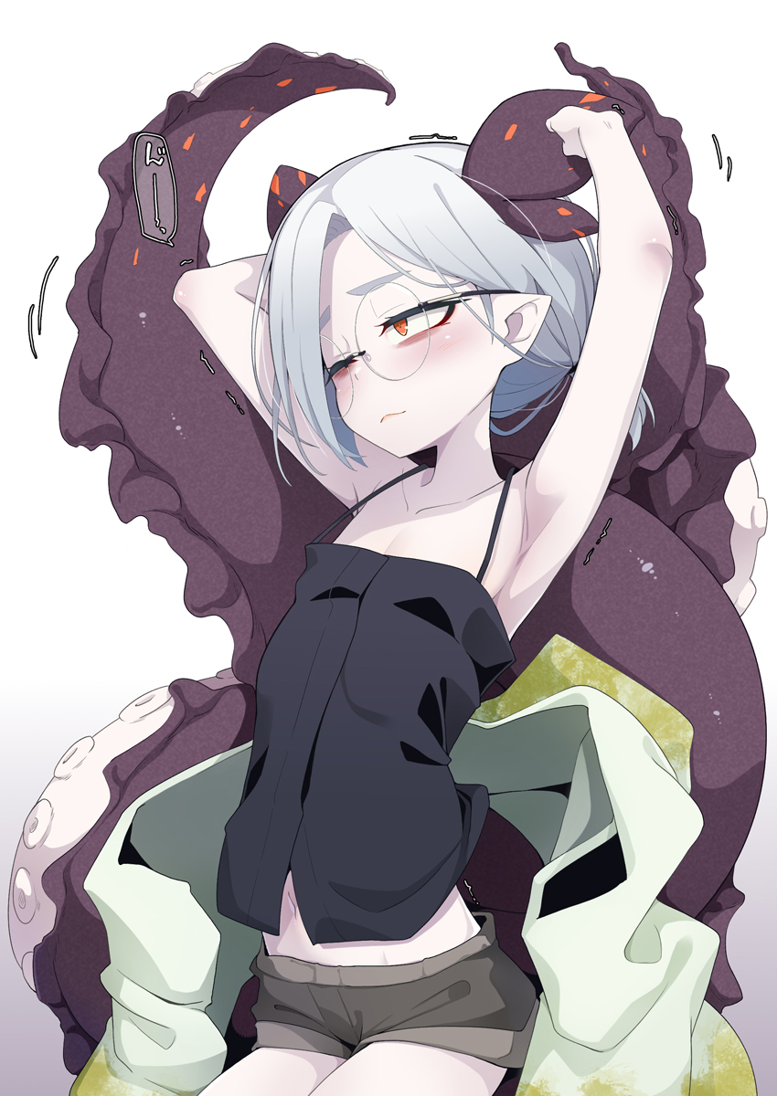 1girl armpits arms_up bangs black_camisole camisole closed_mouth glasses gradient gradient_background grey_hair highres low_ponytail midriff monster_girl ogami_kazuki one_eye_closed orange_eyes original parted_bangs pointy_ears round_eyewear sanpaku scylla short_ponytail short_shorts shorts sleeveless solo spaghetti_strap stretch tentacles thick_eyebrows