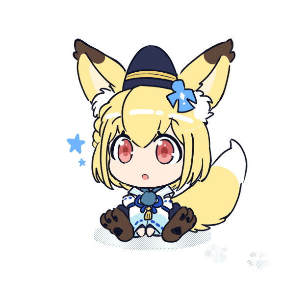 1girl :o animal_ear_fluff animal_ears bangs between_legs blonde_hair blue_headwear blue_ribbon braid chibi commentary_request dee0333 eyebrows_visible_through_hair fox_ears fox_girl fox_tail full_body hair_ornament hand_between_legs hat japanese_clothes kemonomimi_mode korean_commentary long_sleeves looking_away neck_ribbon official_alternate_costume otori_michiru parted_lips paw_print paw_shoes red_eyes ribbon ribbon-trimmed_sleeves ribbon_trim shikigami short_hair shoujo_kageki_revue_starlight shoujo_kageki_revue_starlight_-re_live- simple_background single_braid sitting solo star_(symbol) tail tassel tate_eboshi v_arms white_background wide_sleeves