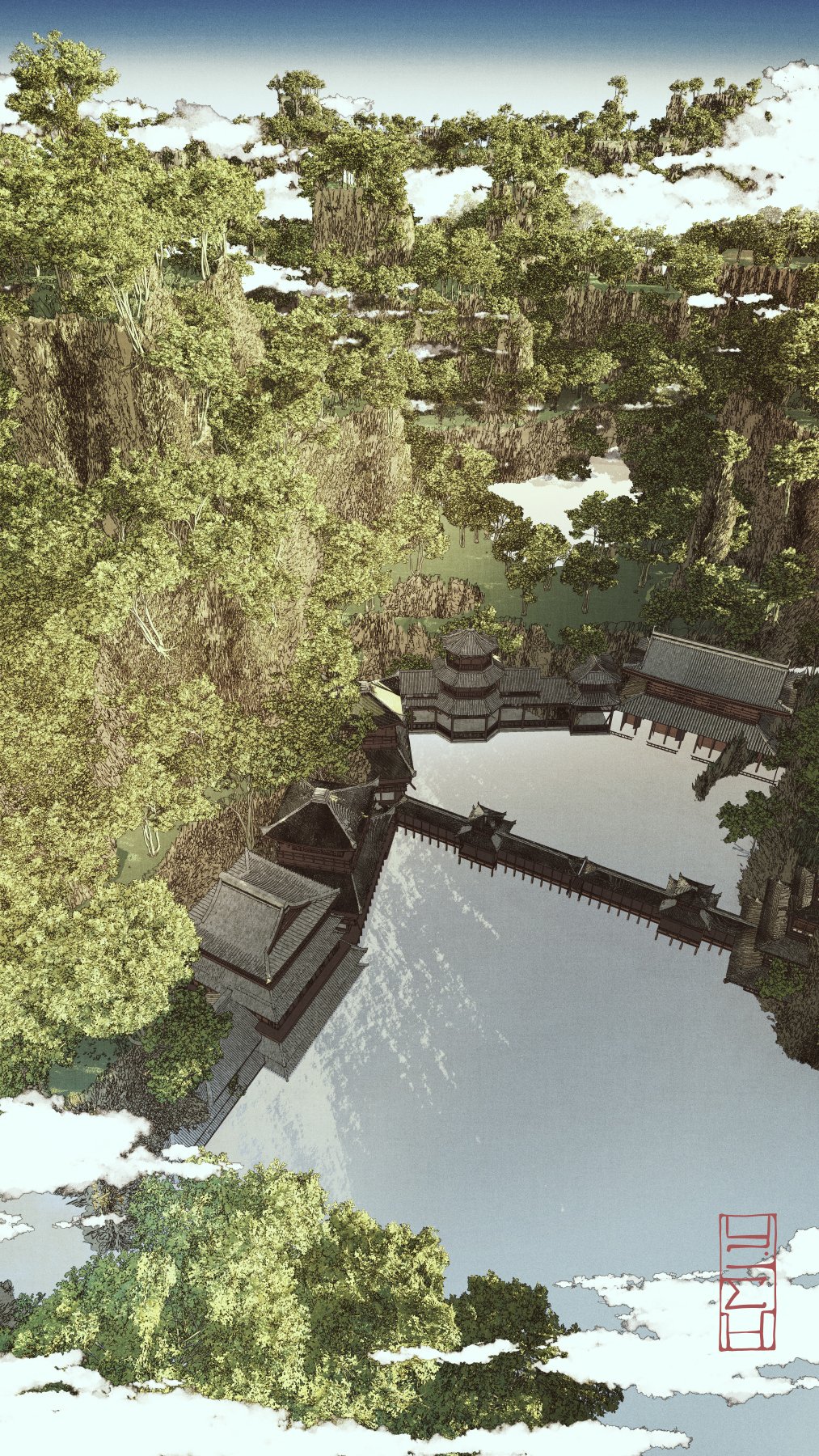 architecture artist_name blue_sky clouds commentary_request day east_asian_architecture forest from_above highres nature no_humans original outdoors scenery signature sky tree waisshu_(sougyokyuu) water