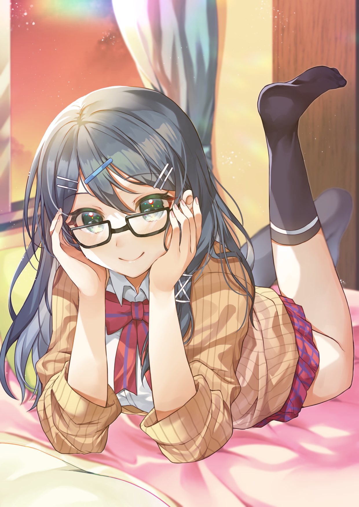 1girl adjusting_eyewear black-framed_eyewear black_footwear blue_hair bow closed_mouth collared_shirt commission eyebrows_visible_through_hair feet_up fire_emblem glasses green_eyes hair_ornament hairclip hand_on_own_face highres indoors leg_up long_hair long_sleeves looking_at_viewer lying on_stomach oribe_tsubasa pleated_skirt school_uniform shirt skeb_commission skirt smile socks solo sweater the_pose tokyo_mirage_sessions_fe twilight window yam_(yamap_mako)