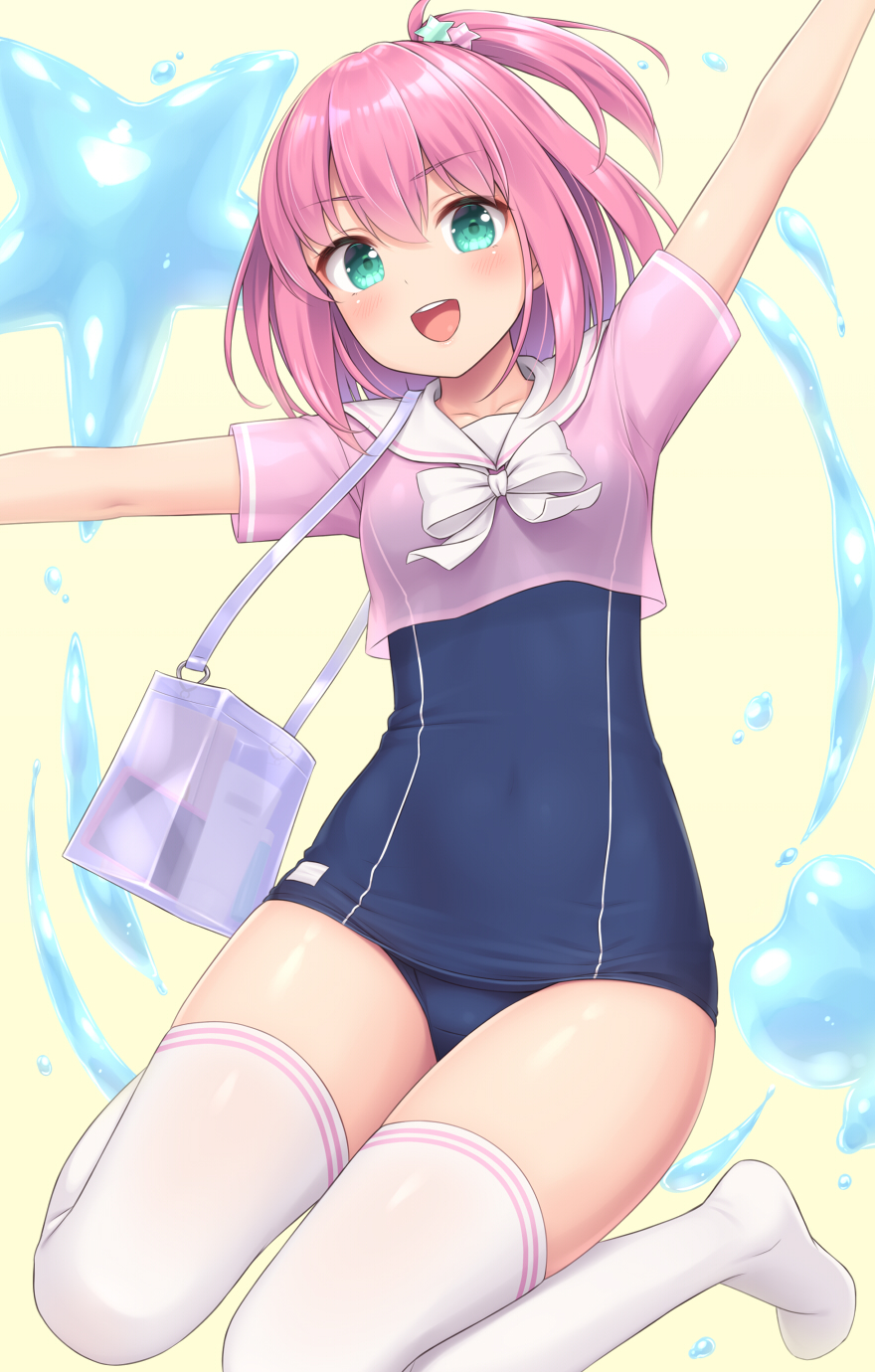 1girl :d aqua_eyes arm_up bag bangs commentary_request eyebrows_visible_through_hair hair_between_eyes highres looking_at_viewer one-piece_swimsuit open_mouth original outstretched_arms pink_hair sasaame short_hair short_sidetail short_sleeves shoulder_bag smile solo spread_arms swimsuit swimsuit_under_clothes thigh-highs white_legwear