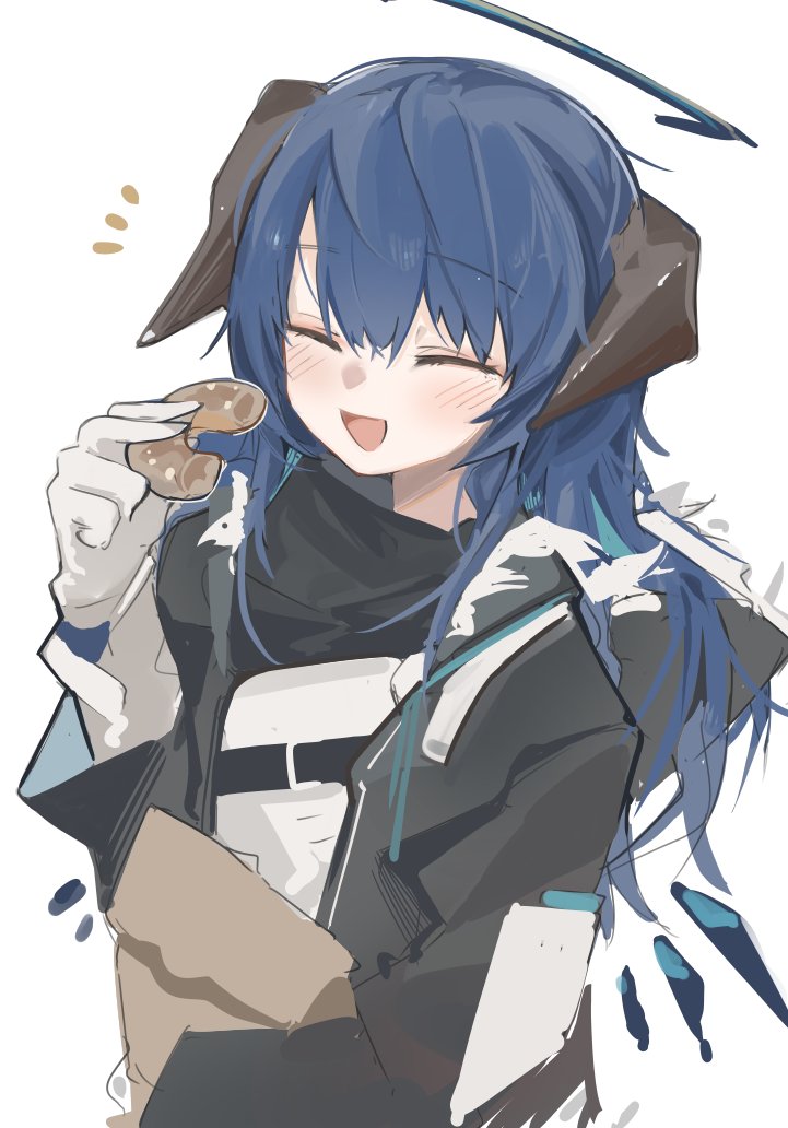 1girl :d arknights bag black_jacket blue_hair blush closed_eyes demon_horns detached_sleeves doughnut energy_wings eyebrows_visible_through_hair food fur-trimmed_jacket fur_trim gloves halo hand_up holding holding_bag holding_food hood hood_down hooded_jacket horns jacket long_hair mikojin mostima_(arknights) one-hour_drawing_challenge open_mouth paper_bag simple_background smile solo white_background white_gloves