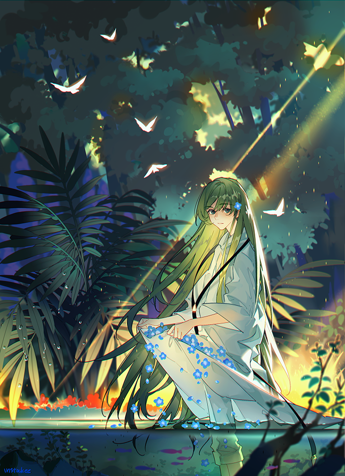 1other androgynous bangs enkidu_(fate) eyebrows_visible_through_hair fate/grand_order fate/strange_fake fate_(series) flower green_eyes green_hair instocklee light_green_hair long_hair long_sleeves looking_at_viewer outdoors robe solo standing toga tree wading water white_robe