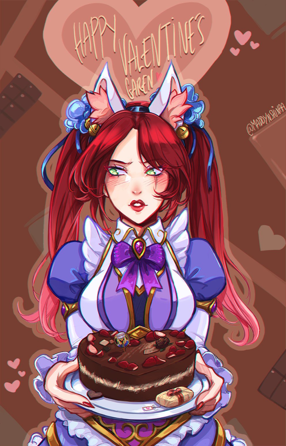 1girl alternate_costume animal_ears artist_name bangs blush bow bowtie breasts brooch brown_background cake cat_ears dress english_commentary enmaided fake_animal_ears fingernails food frills happy_valentine highres holding jewelry juliet_sleeves katarina_(league_of_legends) large_breasts league_of_legends long_hair long_sleeves maid nail_polish parted_bangs plate puffy_sleeves purple_bow purple_bowtie red_lips red_nails redhead sharp_fingernails shinaa_(maddynshinaa) solo twintails