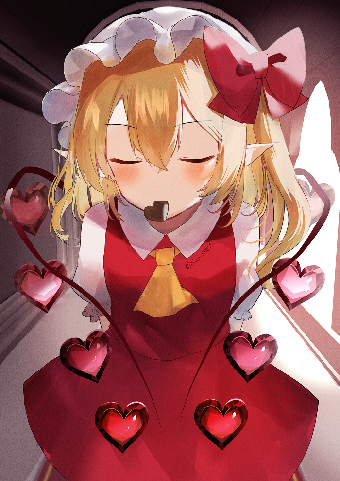 1girl arms_behind_back ascot blonde_hair blush bow candy chocolate closed_eyes dress eyebrows_visible_through_hair flandre_scarlet food hair_between_eyes hat heart heart-shaped_chocolate mob_cap mouth_hold pointy_ears red_bow red_dress red_eyes sakizaki_saki-p short_hair short_sleeves side_ponytail solo touhou valentine wings yellow_ascot