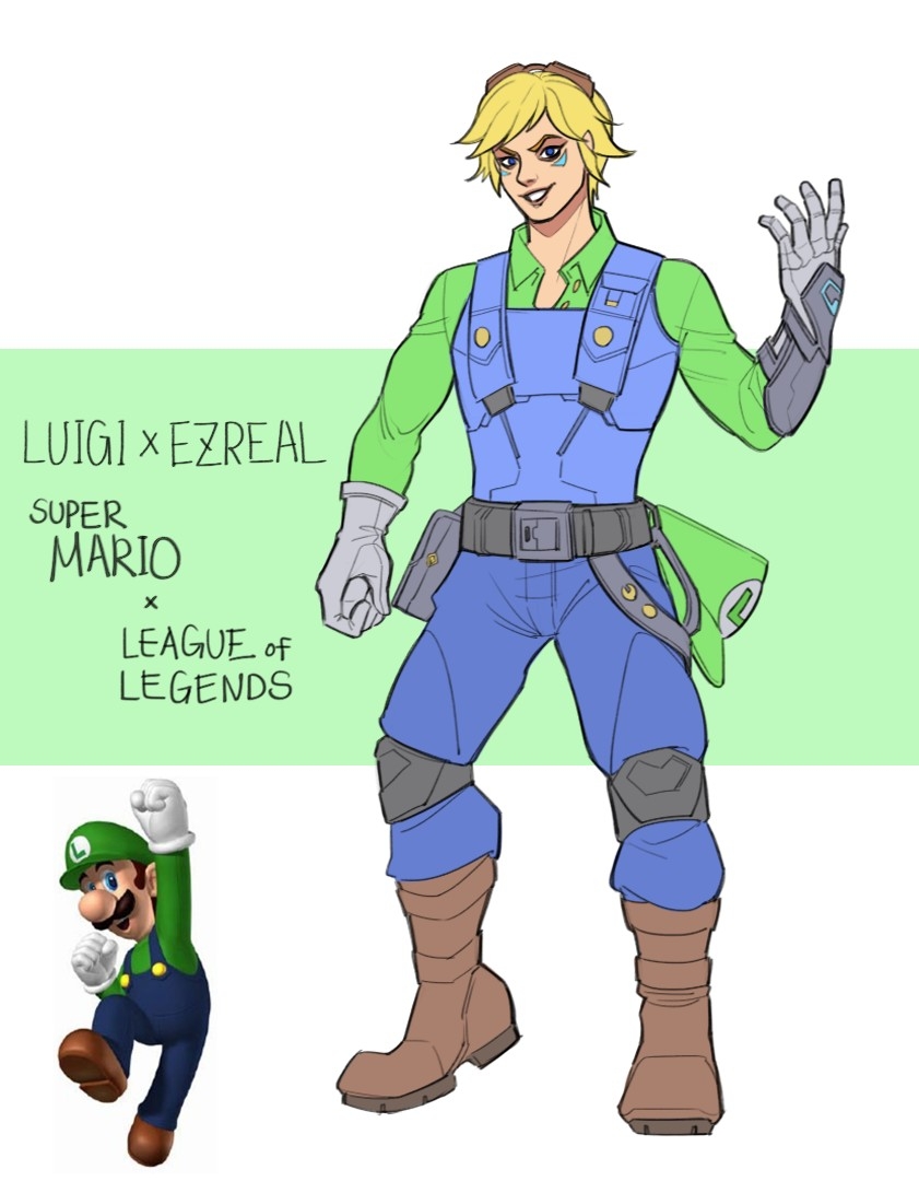 2boys arm_up bangs blonde_hair blue_pants brown_footwear character_name collared_shirt copyright_name cosplay diter-trsey ezreal full_body gloves goggles goggles_on_head green_background green_headwear green_shirt grey_gloves league_of_legends long_sleeves looking_at_viewer luigi luigi_(cosplay) male_focus multiple_boys pants shirt short_hair super_mario_bros. white_background white_gloves