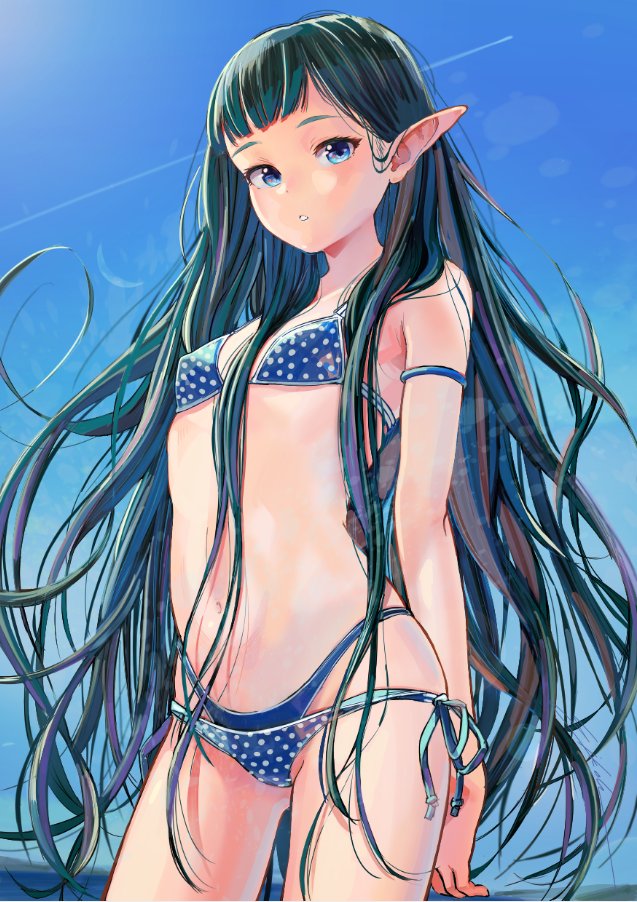 1girl arms_behind_back bad_id bad_twitter_id bikini black_hair blue_bikini blue_eyes breasts cowboy_shot day eikoh highleg highleg_bikini long_hair looking_at_viewer multicolored_hair navel original outdoors parted_lips pointy_ears polka_dot polka_dot_bikini sky small_breasts solo standing swimsuit very_long_hair