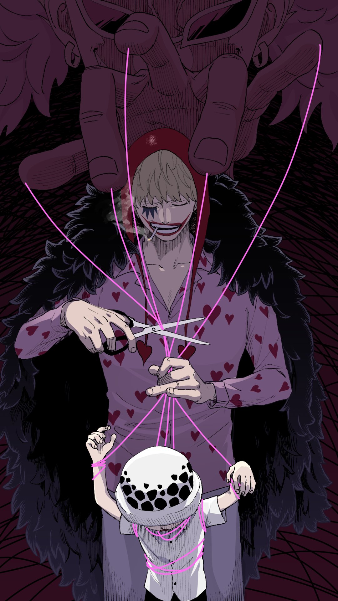 3boys bangs bare_arms behind_another blonde_hair cape child cigarette closed_eyes collarbone detached_hood donquixote_doflamingo donquixote_rocinante earrings evil_grin evil_smile fingernails fur_cape grin hat heart heart_print highres holding holding_scissors hood hood_up jewelry long_sleeves makeup male_focus mouth_hold multiple_boys one_piece print_shirt restrained scissors shakuyouka shirt short_sleeves smile smoke smoking string sunglasses teeth_hold trafalgar_law younger