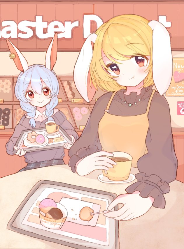 2girls alternate_costume animal_ears apron bangs beiebeid blonde_hair blouse blue_hair blush braid brown_dress closed_mouth coffee collared_blouse commentary_request cup cupcake doughnut dress drink eating emerald_(gemstone) english_text eyebrows_visible_through_hair eyes_visible_through_hair food frills grey_skirt hair_between_eyes hands_up heart indoors jewelry long_sleeves looking_at_another looking_to_the_side medium_hair multiple_girls necklace no_hat no_headwear orange_apron orange_eyes pink_blouse pink_heart plaid plaid_skirt puffy_long_sleeves puffy_sleeves purple_sweater rabbit_ears red_eyes ringo_(touhou) seiran_(touhou) short_hair sitting skirt smile standing sweater table touhou tray twin_braids wall