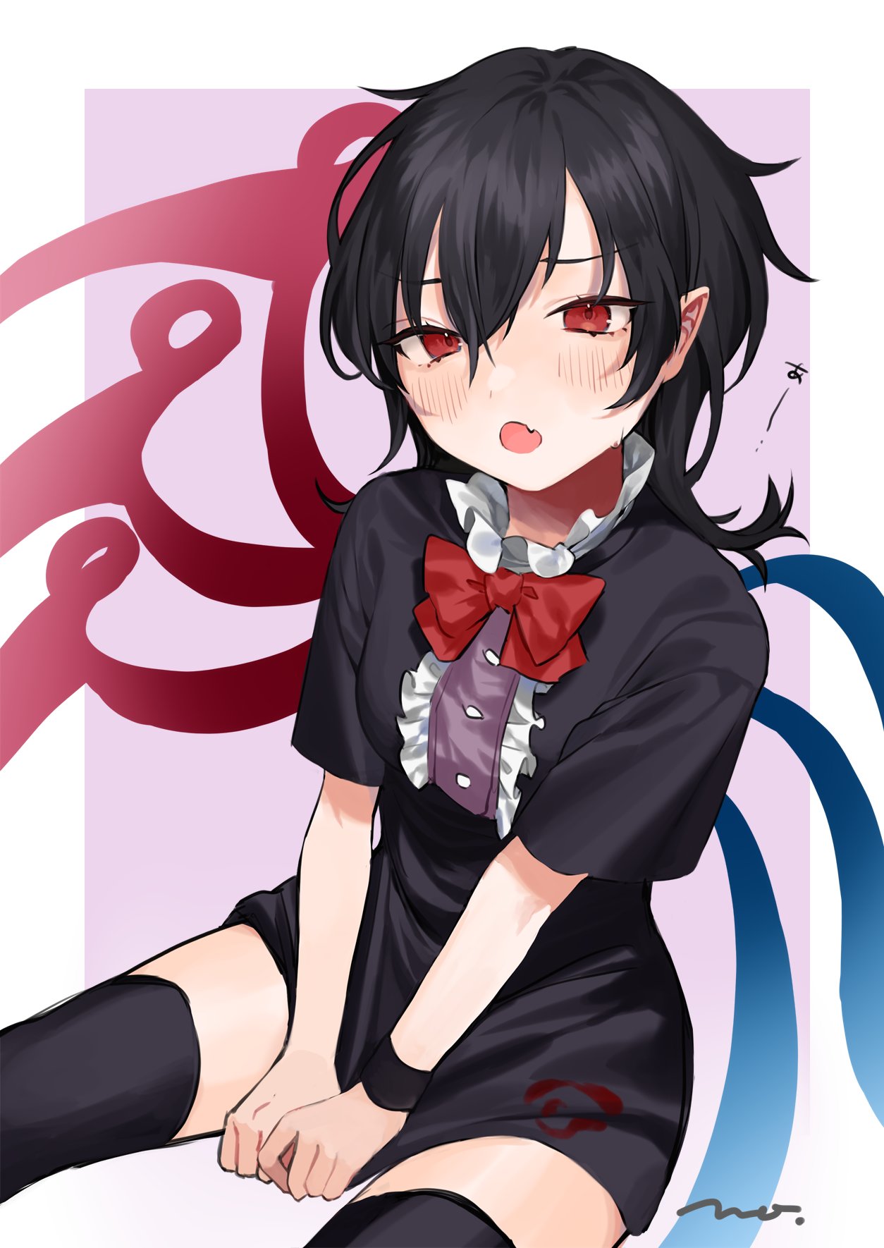 1girl :o asymmetrical_wings bangs between_legs black_dress black_hair black_legwear blush border bow bowtie center_frills dress eyebrows_visible_through_hair fang frills hair_between_eyes half-closed_eyes hand_between_legs highres houjuu_nue long_hair looking_away makita_(vector1525) open_mouth outside_border pointy_ears purple_background red_bow red_bowtie red_eyes short_sleeves signature simple_background sitting skin_fang solo thigh-highs thighs touhou v_arms white_border wings