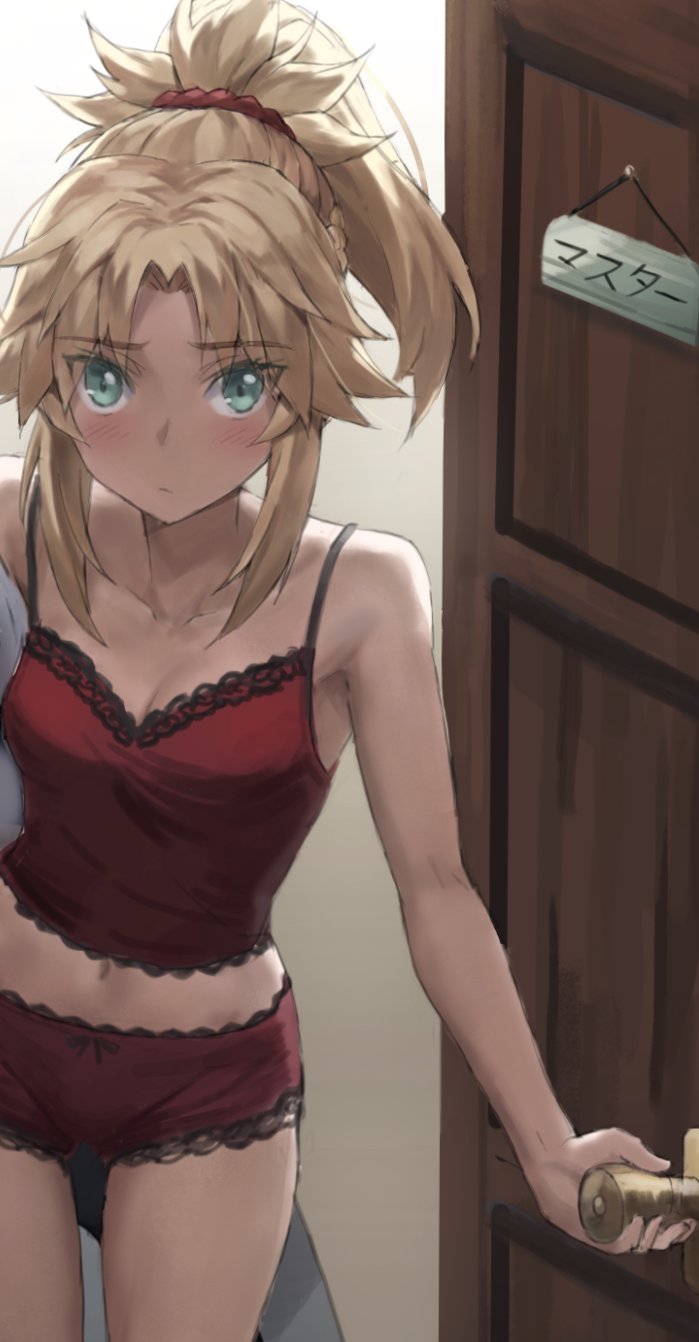 1girl ass_visible_through_thighs blonde_hair blue_eyes blush breasts camisole expressionless fate/apocrypha fate_(series) groin highres looking_at_viewer midriff mordred_(fate) no_pants panties ponytail pov_doorway red_camisole red_panties red_scrunchie scrunchie shirt small_breasts solo striped tonee translated underwear