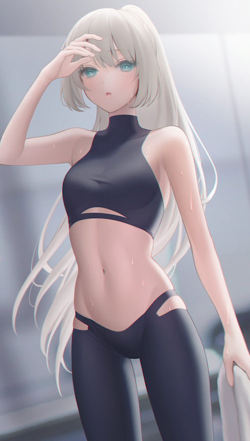 1girl :o an-94_(girls'_frontline) aqua_eyes bangs black_pants blonde_hair blush breasts crop_top eyebrows_visible_through_hair feet_out_of_frame girls_frontline hand_on_head holding holding_towel leggings long_hair looking_at_viewer medium_breasts navel open_mouth pants parted_lips ponytail simple_background solo sportswear standing sweat towel urano_ura