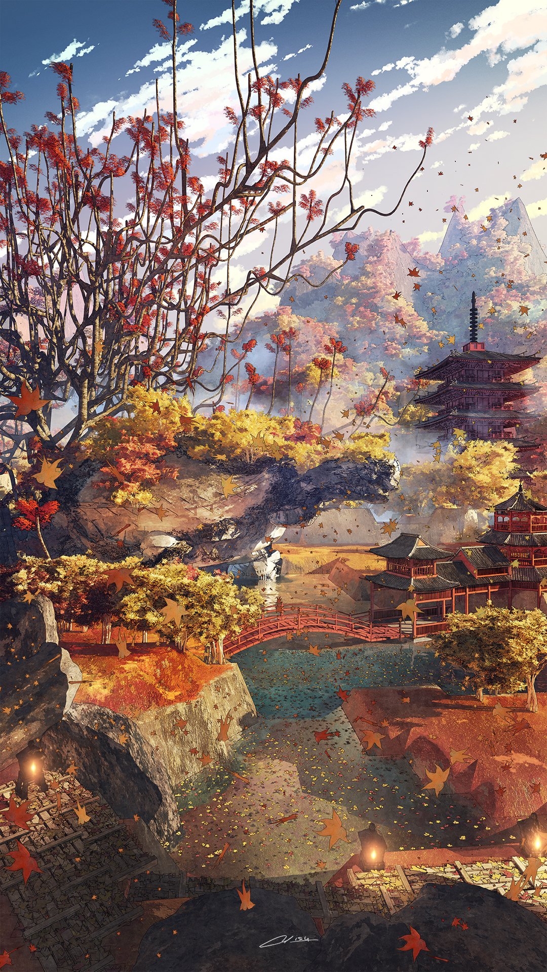 architecture artist_name autumn_leaves blue_sky bridge clouds commentary_request day east_asian_architecture fire highres lantern leaf maple_leaf mountain no_humans original outdoors pagoda scenery signature sky tree waisshu_(sougyokyuu) water