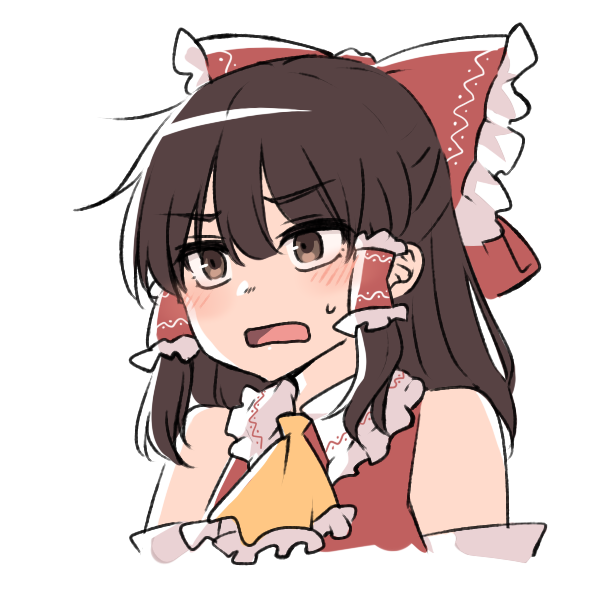 1girl ascot bangs bare_shoulders blush bow brown_eyes brown_hair commentary_request detached_sleeves dress eyebrows_visible_through_hair eyes_visible_through_hair frills hair_between_eyes hair_bow hair_ornament hair_tubes hakurei_reimu long_sleeves looking_to_the_side medium_hair miyo_(ranthath) nervous open_mouth red_bow red_dress simple_background solo touhou upper_body white_background wide_sleeves yellow_ascot