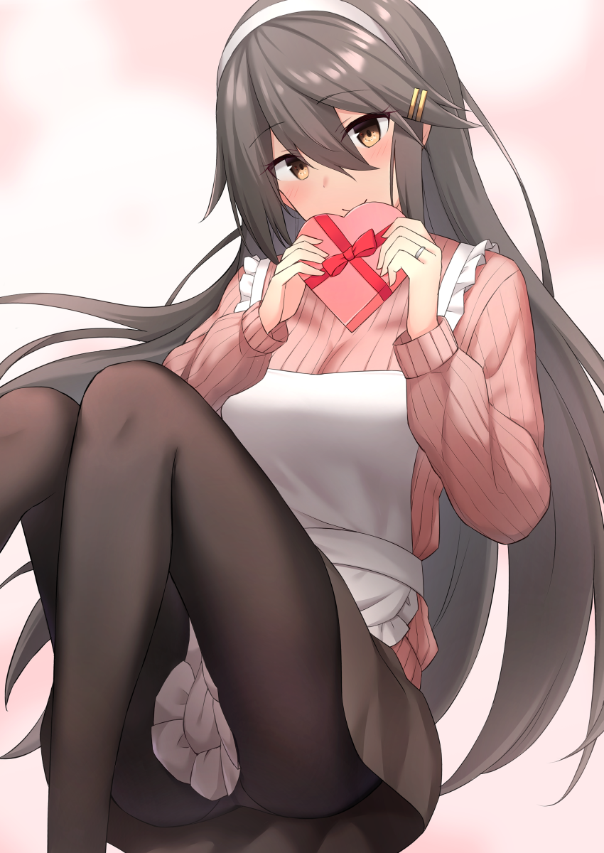 1girl akahi242 apron black_hair black_legwear black_skirt blush box breasts closed_mouth eyebrows_visible_through_hair feet_out_of_frame gift gift_box hair_between_eyes hair_ornament hairband hairclip haruna_(kancolle) heart-shaped_box highres holding holding_gift jewelry kantai_collection large_breasts long_hair pantyhose pink_sweater ribbed_sweater ring skirt smile solo sweater valentine wedding_band white_apron white_hairband yellow_eyes