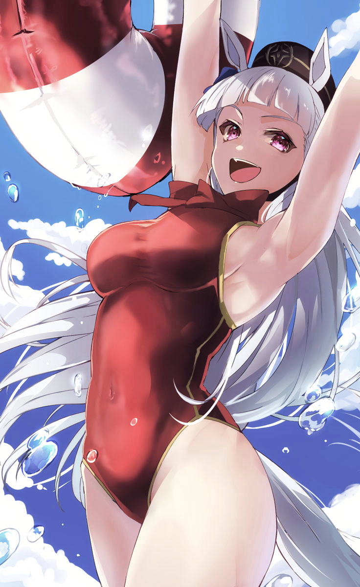 1girl :d animal_ears armpits arms_up bangs blue_sky bow bowtie breasts brown_headwear clouds cloudy_sky deepeedx gold_ship_(umamusume) hair_bow highres horse_ears horse_girl horse_tail innertube long_hair looking_at_viewer one-piece_swimsuit open_mouth outdoors purple_hair red_bow red_bowtie red_swimsuit sky smile solo swimsuit tail umamusume violet_eyes