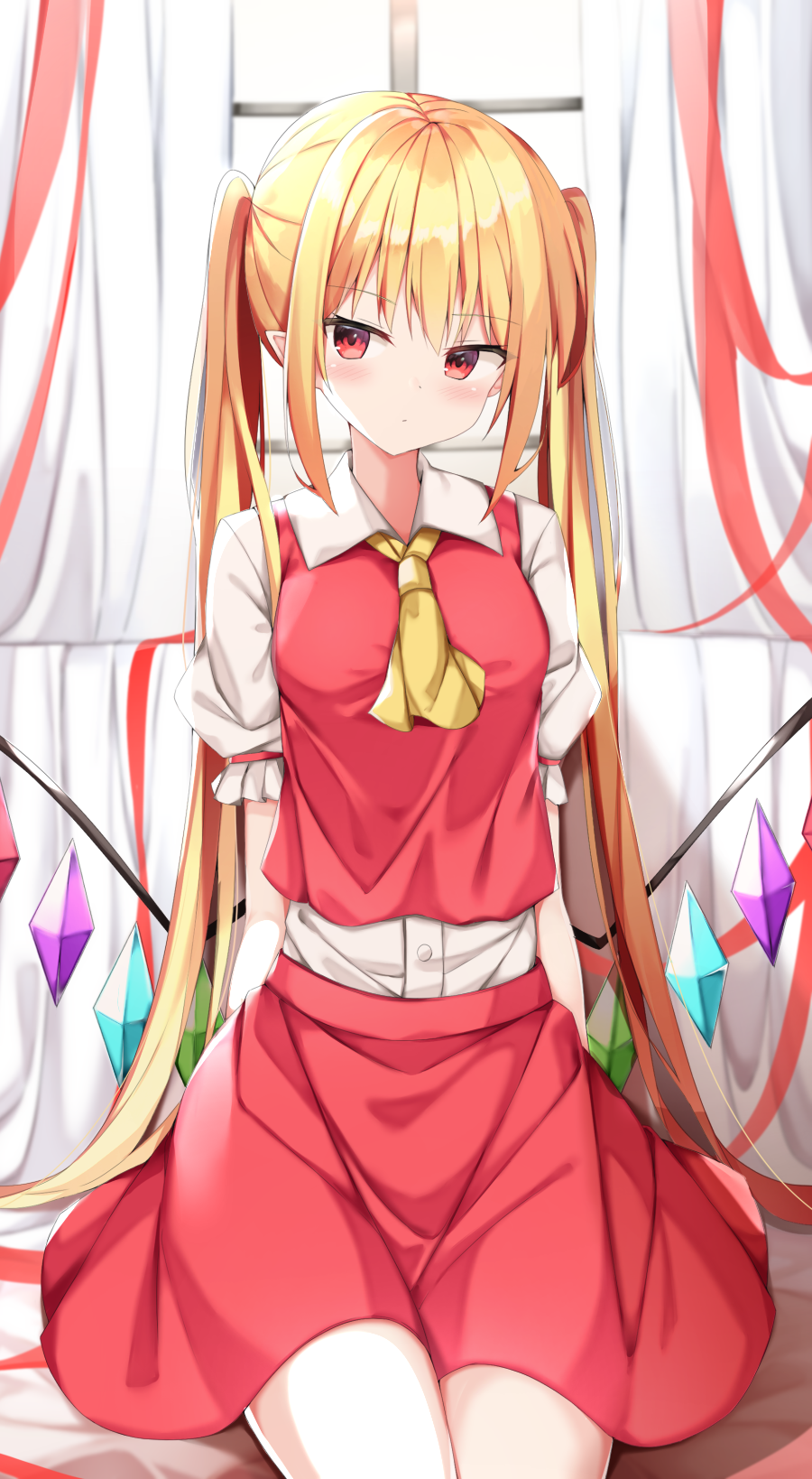 1girl alternate_costume alternate_hair_length alternate_hairstyle ascot bangs bed blonde_hair blush breasts buttons closed_mouth collared_shirt commentary_request crystal curtains eyebrows_visible_through_hair eyes_visible_through_hair flandre_scarlet hair_between_eyes highres jewelry kuraaken long_hair looking_to_the_side medium_breasts multicolored_wings no_hat no_headwear on_bed pointy_ears puffy_short_sleeves puffy_sleeves red_eyes red_skirt red_vest shirt short_sleeves sitting sitting_on_bed skirt solo tape touhou twintails vest white_shirt wings yellow_ascot