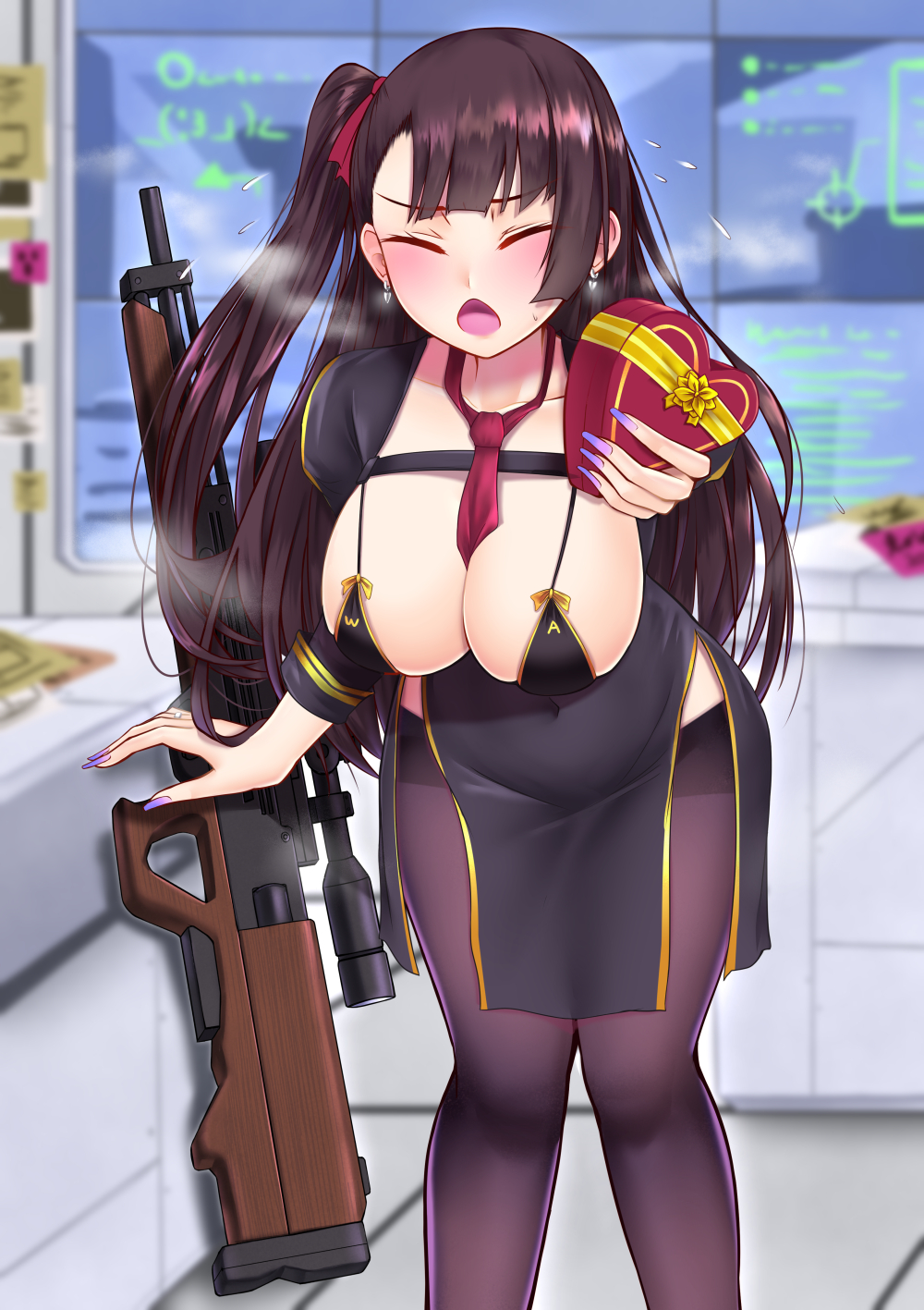 1girl bangs blush box box_of_chocolates breasts bullpup closed_eyes covered_navel girls_frontline gun heart-shaped_box highres indoors large_breasts long_hair long_sleeves nail_polish necktie open_mouth pantyhose popoman purple_hair purple_legwear purple_nails red_necktie rifle side_ponytail sideboob sniper_rifle solo wa2000_(girls'_frontline) walther walther_wa_2000 weapon
