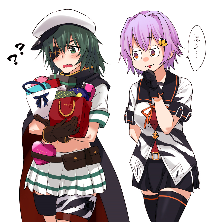 2girls :3 ? bag bangs black_gloves black_legwear blush box breasts brown_gloves cape commentary_request eyepatch furufuru_fugu gift gift_box gloves green_eyes green_hair hair_ornament hairclip hat heart-shaped_box holding holding_gift kantai_collection kiso_(kancolle) kiso_kai_ni_(kancolle) multiple_girls open_mouth pink_hair pleated_skirt pouch sailor_collar school_uniform serafuku short_hair short_sleeves simple_background skirt tama_(kancolle) tama_kai_ni_(kancolle) thigh-highs translation_request wavy_mouth white_background white_headwear