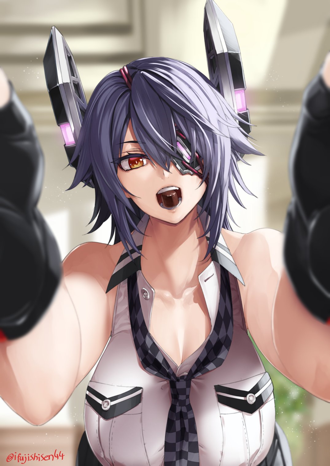 1girl bangs bare_shoulders black_gloves black_necktie blurry blurry_background breast_pocket breasts checkered_necktie chocolate collarbone collared_shirt eyepatch gloves headgear highres ifuji_shinsen kantai_collection large_breasts looking_at_viewer mouth_hold necktie partially_fingerless_gloves pocket pov purple_hair shirt short_hair solo tenryuu_(kancolle) tenryuu_kai_ni_(kancolle) upper_body white_shirt yellow_eyes