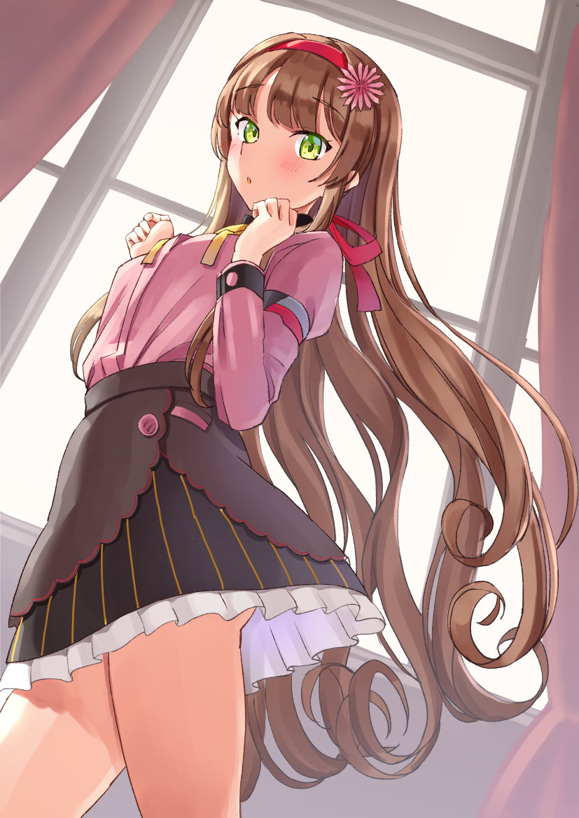 1girl black_skirt brown_hair commentary_request cowboy_shot flower from_behind green_eyes hair_flower hair_ornament hairband helena_(kancolle) kantai_collection long_hair long_sleeves looking_at_viewer mayura2002 neck_ribbon official_alternate_costume pink_shirt revision ribbon shirt skirt solo standing striped striped_skirt window yellow_ribbon
