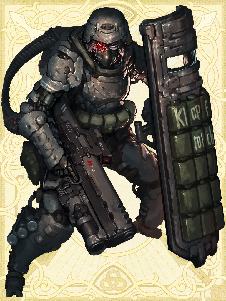 1girl armor backpack bag chain_paradox full_armor full_body german_text glowing glowing_eye grenade_launcher grey_eyes gun hair_between_eyes helmet hetza_(hellshock) holding holding_weapon looking_at_viewer machine_gun mask mouth_mask power_armor reactive_armor red_eyes shield solo translation_request weapon yellow_background