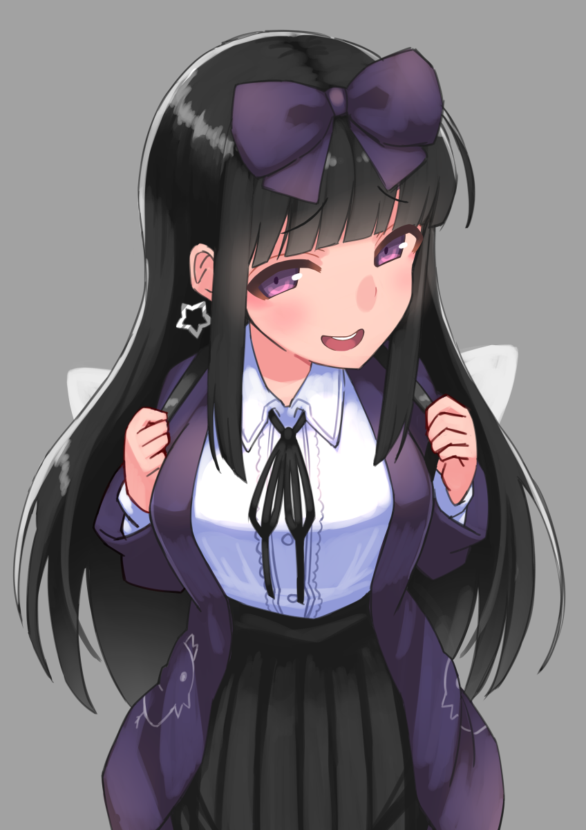 1girl bangs black_hair black_ribbon black_skirt blunt_bangs blush bow breasts collared_shirt commentary_request cookie_(touhou) cowboy_shot earrings eyebrows_visible_through_hair fairy_wings grey_background hair_bow highres hime_cut jacket jewelry large_breasts long_hair looking_at_viewer neck_ribbon open_mouth purple_bow purple_jacket ribbon s_ibane shirt shunga_youkyu sidelocks simple_background skirt smile solo star_(symbol) star_earrings star_sapphire touhou violet_eyes white_shirt wings