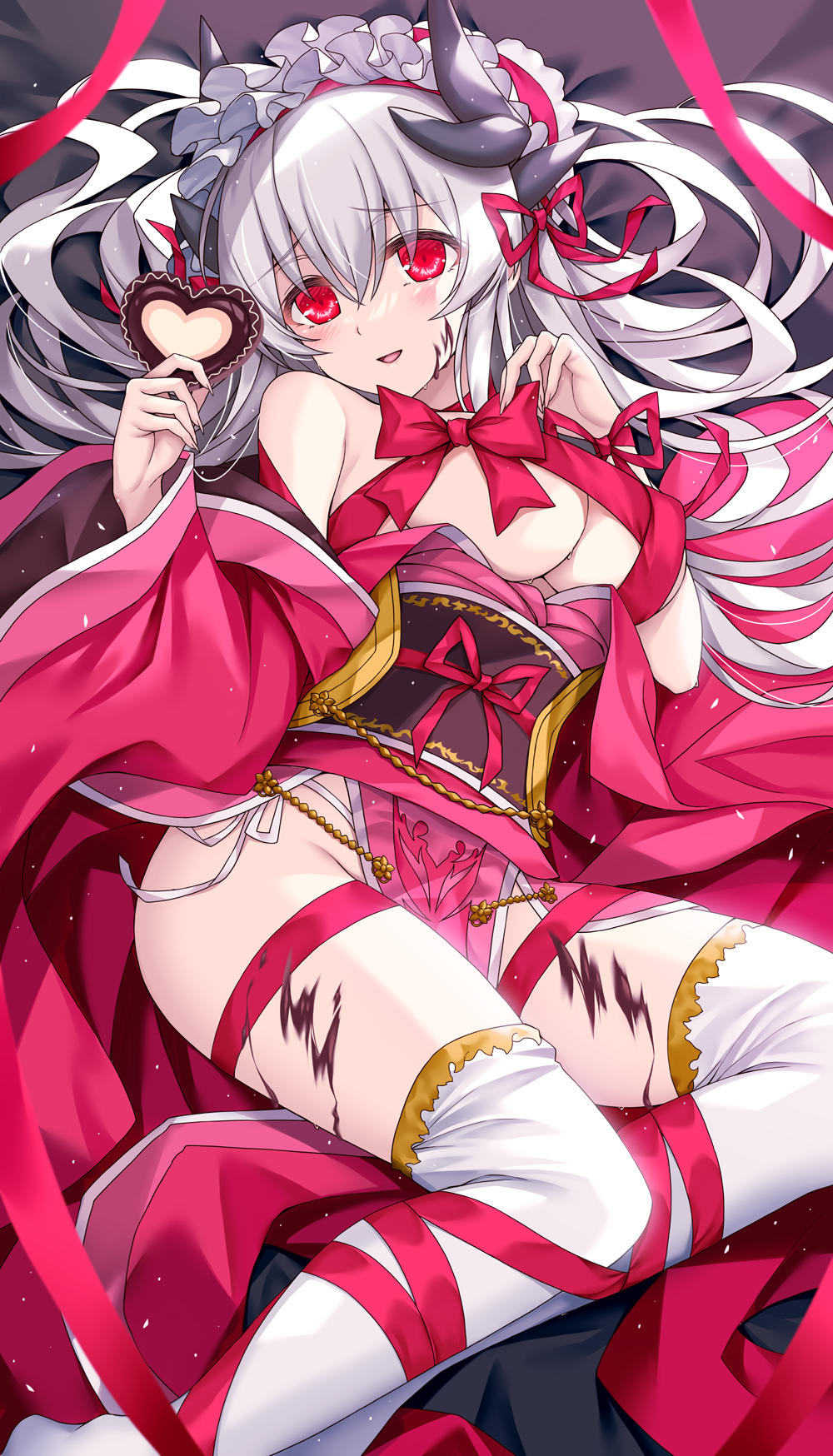 1girl breasts candy chocolate chocolate_on_face chocolate_on_legs dragon_girl dragon_horns fate/grand_order fate_(series) food food_on_face heart heart-shaped_chocolate highres holding holding_chocolate holding_food horns japanese_clothes kimono kiyohime_(fate) large_breasts long_hair morizono_shiki multiple_horns off_shoulder panties red_eyes red_kimono red_ribbon ribbon side-tie_panties smile solo thigh-highs underwear valentine white_hair white_legwear white_panties wide_sleeves