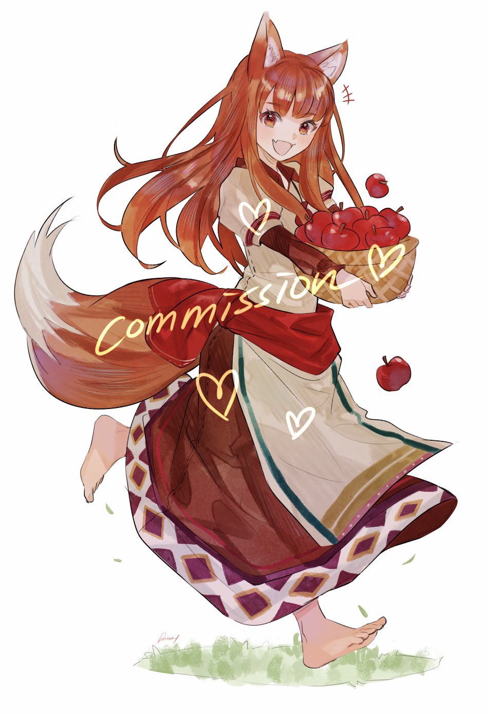 1girl animal_ears apple aubz bangs barefoot basket blush commission english_commentary eyebrows_visible_through_hair floating_hair food fruit heart highres holding holding_basket holo long_hair red_skirt running skirt smile solo spice_and_wolf tail watermark wolf_ears wolf_girl wolf_tail